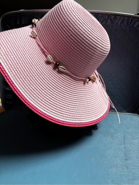 Wide Brim Pink Straw Sun Hat with Bead shells Trim main image 13